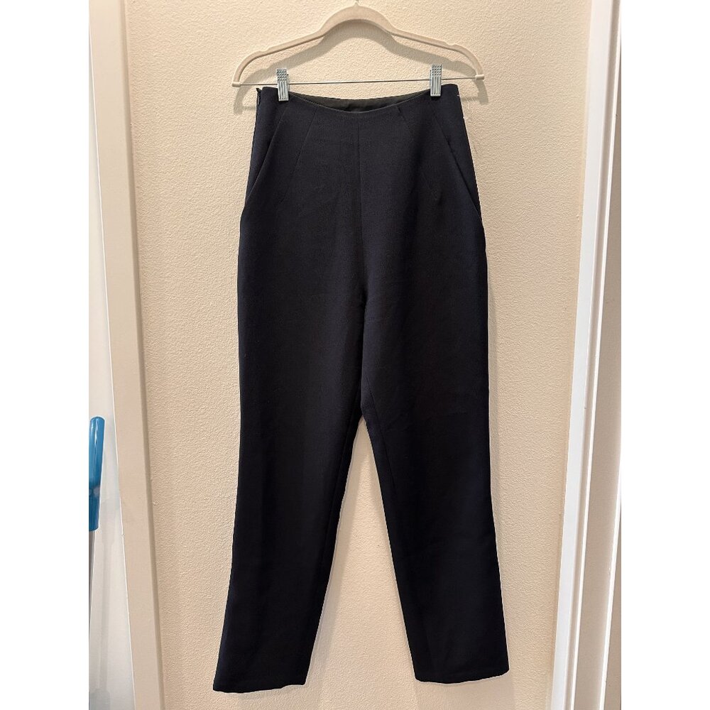 Kaarem Women's Navy Solid Stretch High Rise Straight Leg Trousers Size Large